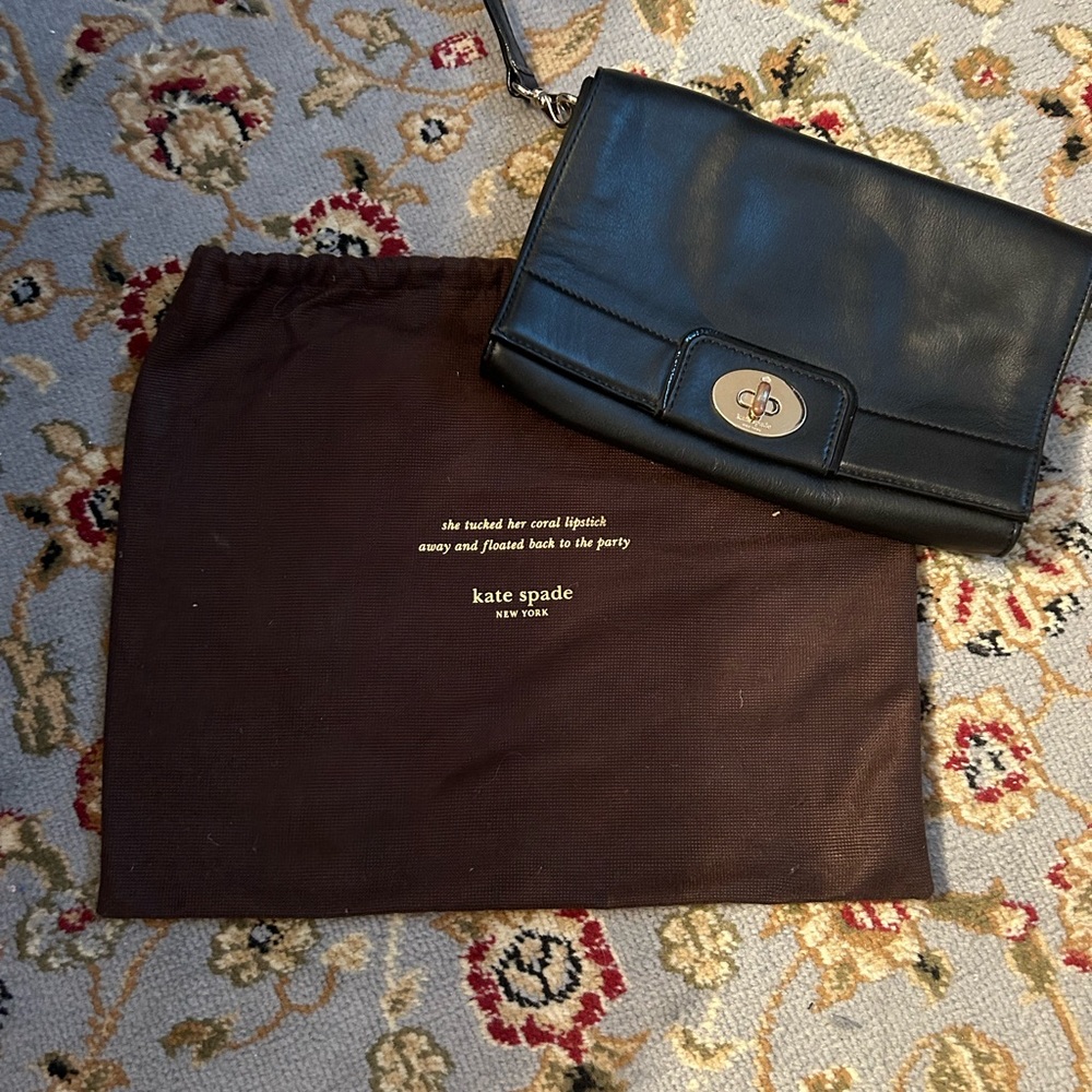 Kate Space Black leather fold over crossbody purse with dust bag